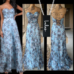 Lulus Most Beautiful Day Blue Floral Bustier Padded Cups Organza Maxi Dress Sz L